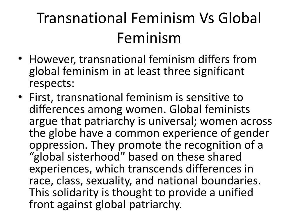 transnational feminism vs global feminism however