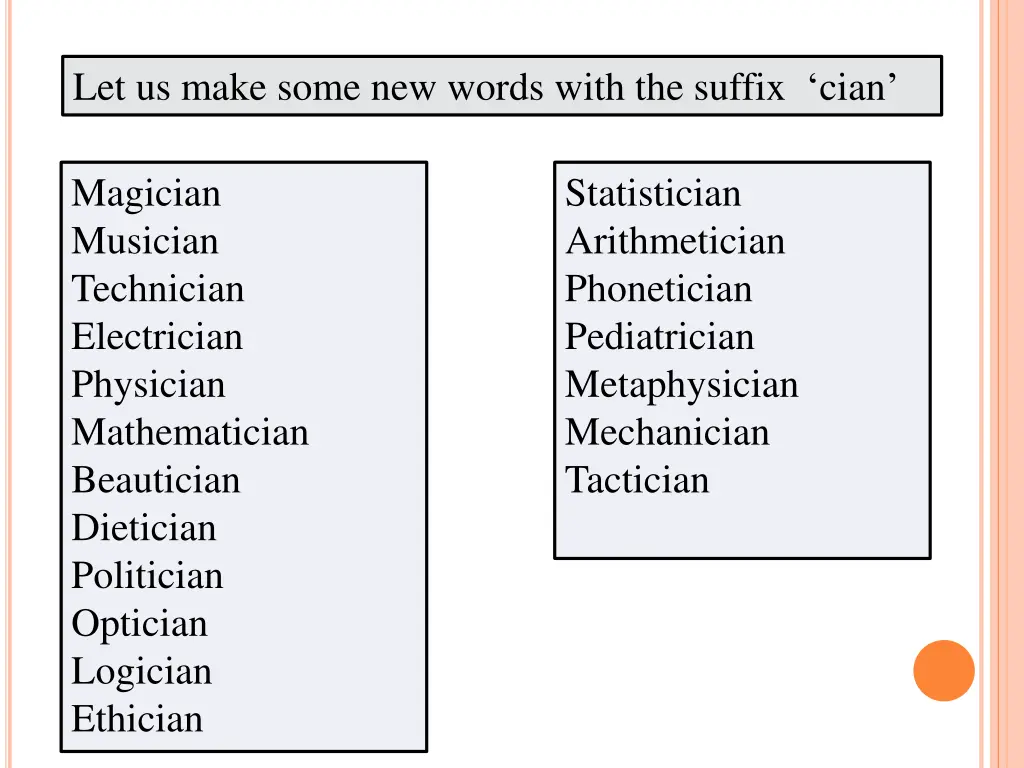 let us make some new words with the suffix cian