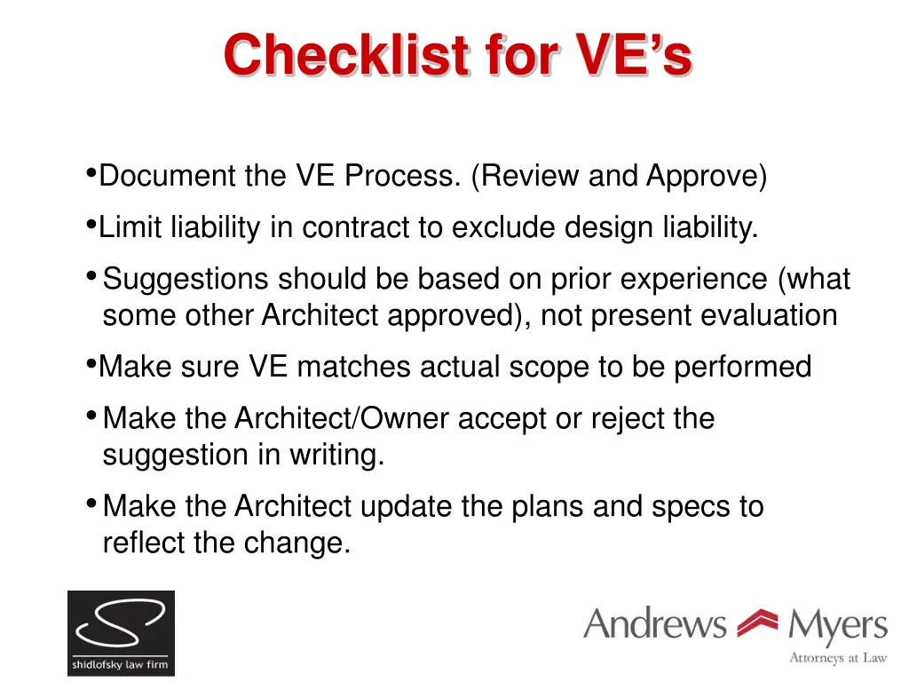 checklist for ve s