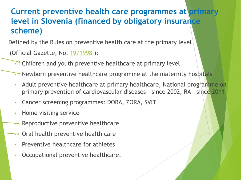 current preventive health care programmes