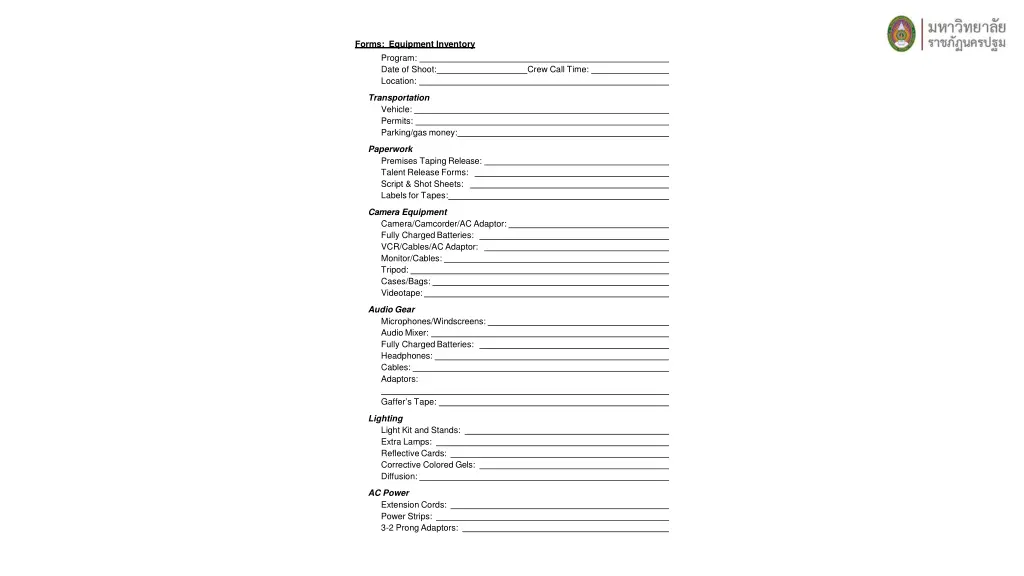 forms equipment inventory program date of shoot