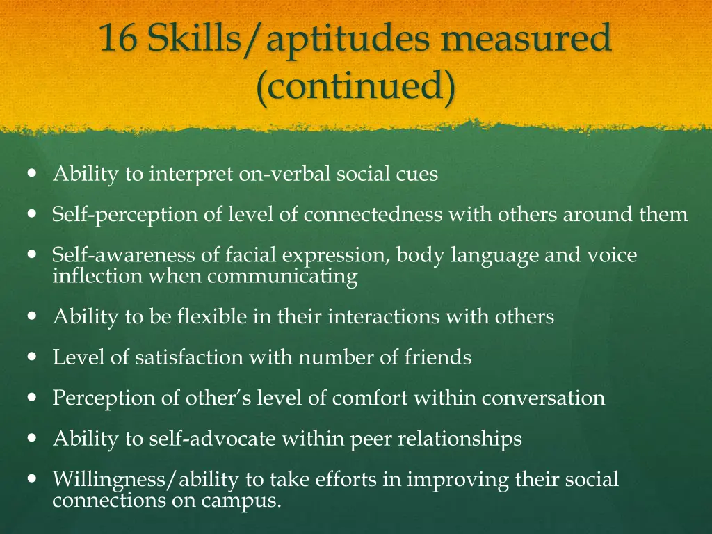 16 skills aptitudes measured continued