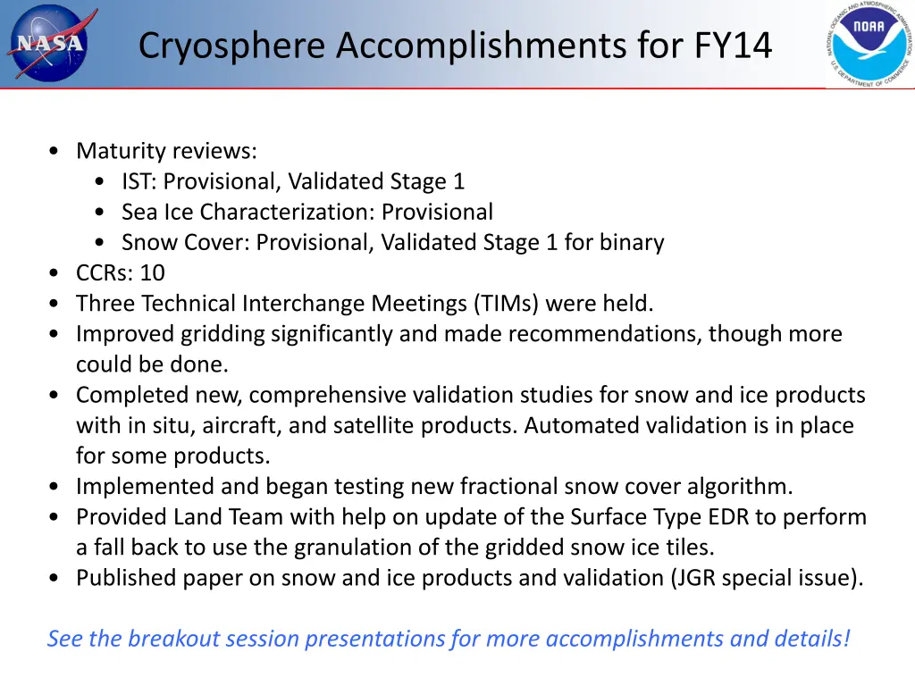 cryosphere accomplishments for fy14