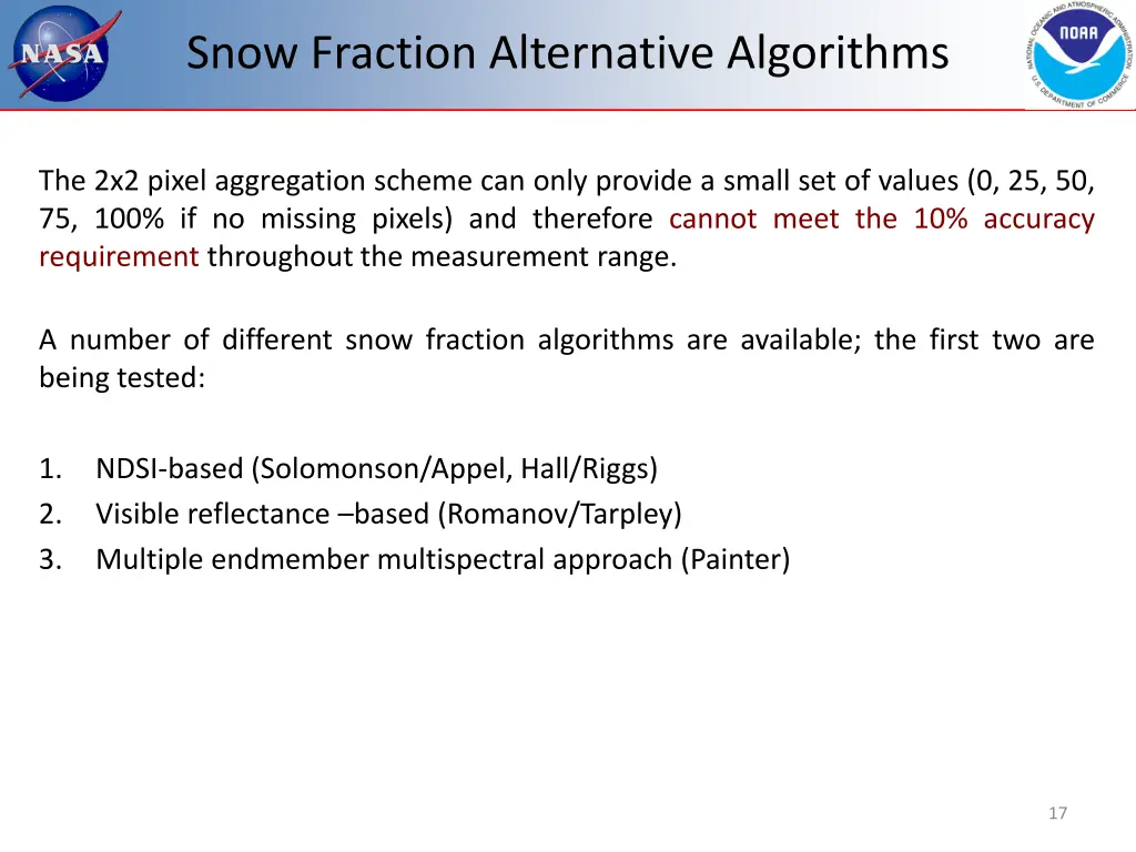 snow fraction alternative algorithms