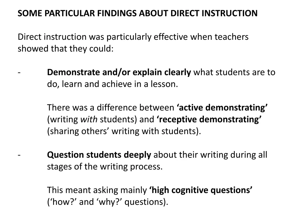 some particular findings about direct instruction