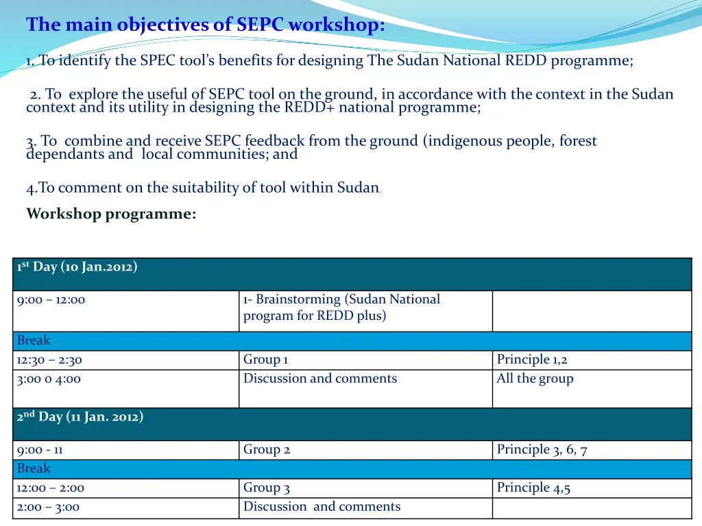 the main objectives of sepc workshop