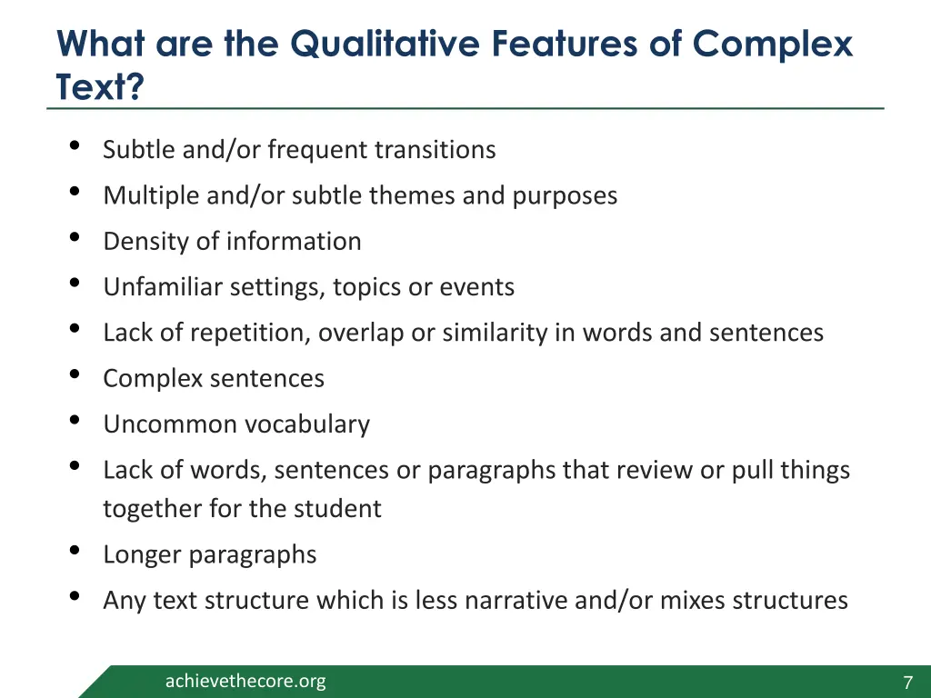 what are the qualitative features of complex text