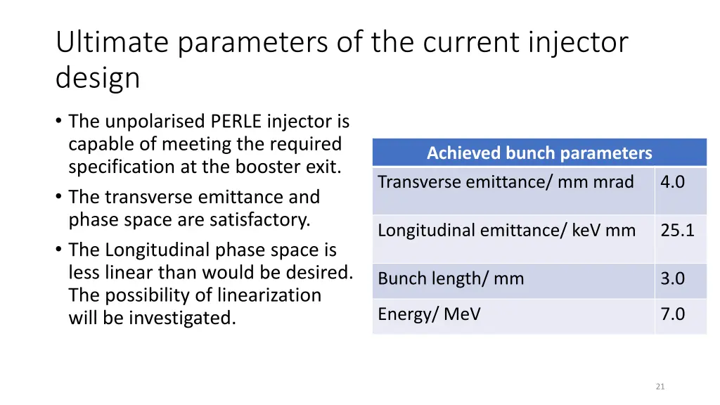 ultimate parameters of the current injector design