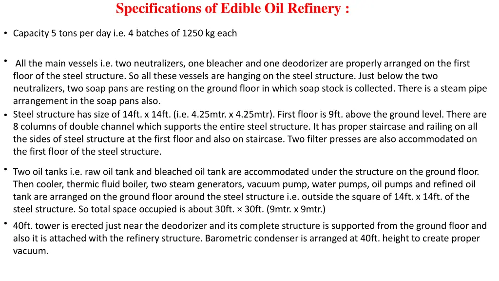 specifications of edible oil refinery