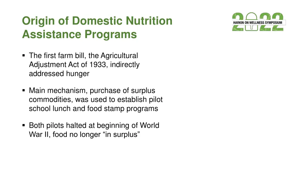 origin of domestic nutrition assistance programs