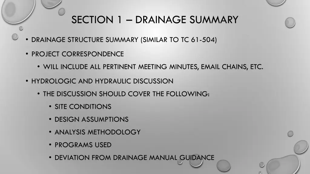 section 1 drainage summary