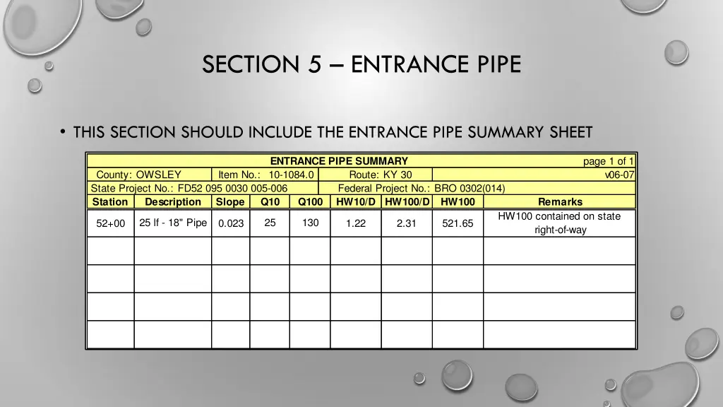 section 5 entrance pipe