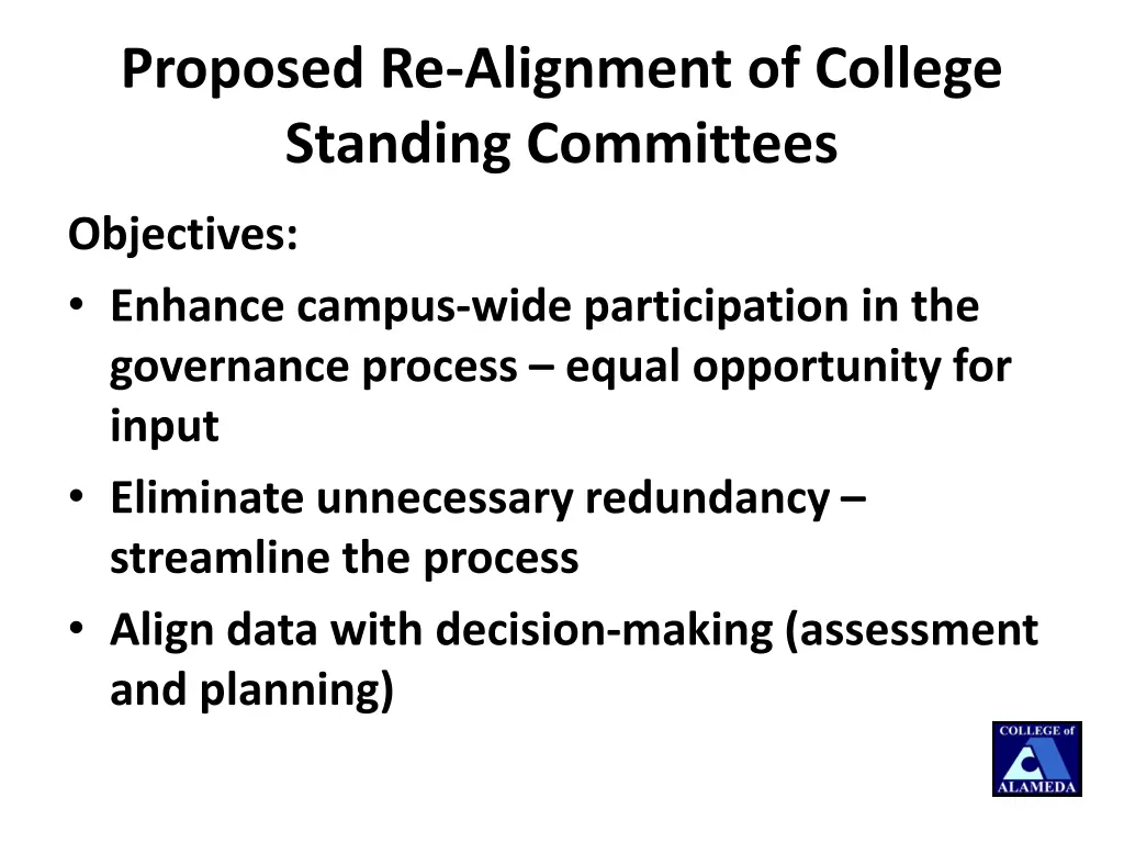 proposed re alignment of college standing