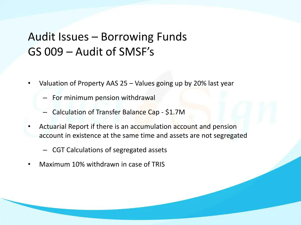 audit issues borrowing funds gs 009 audit of smsf