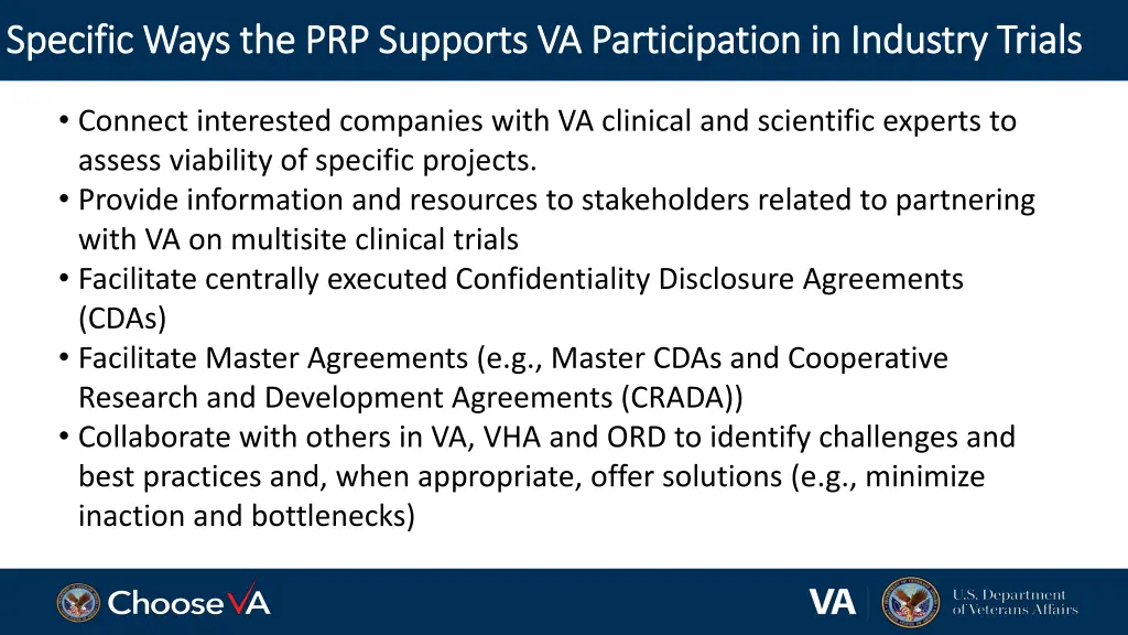 specific ways the prp supports va participation