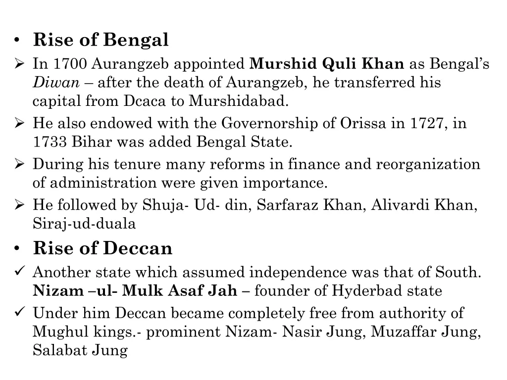 rise of bengal in 1700 aurangzeb appointed