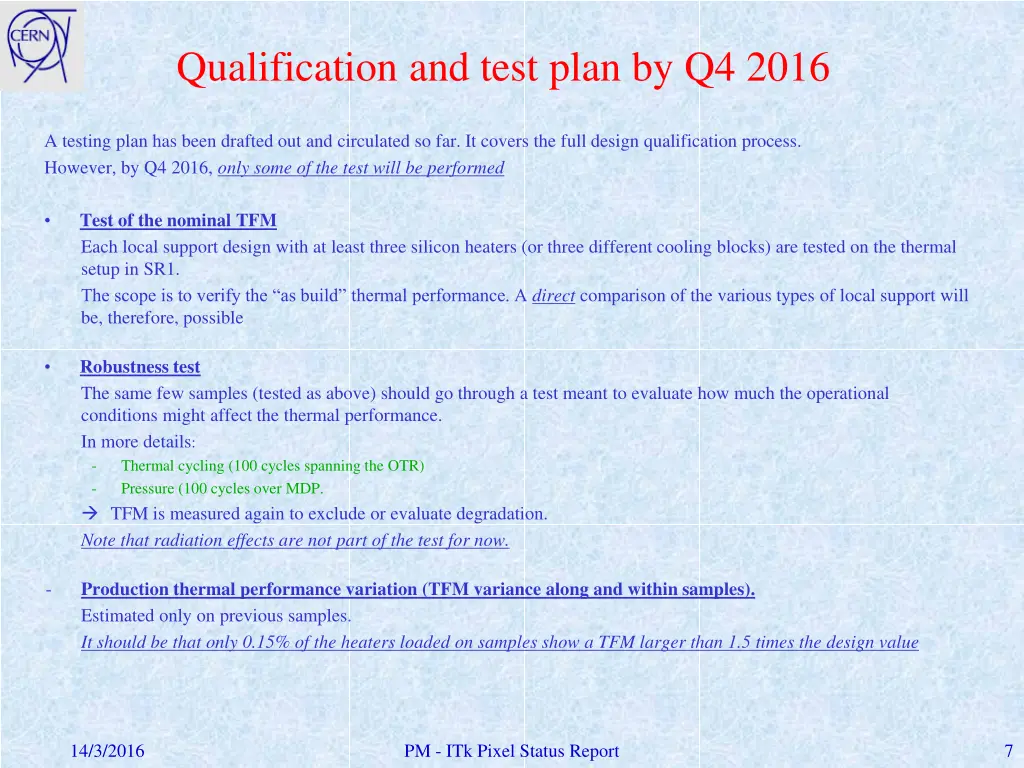 qualification and test plan by q4 2016