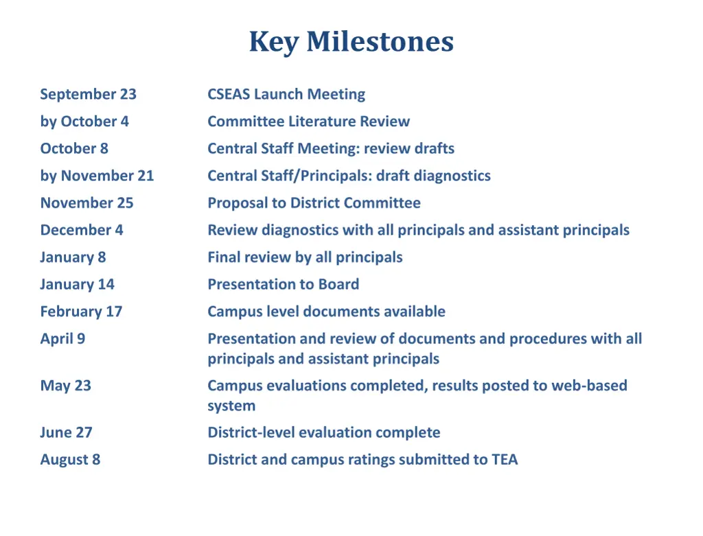 key milestones