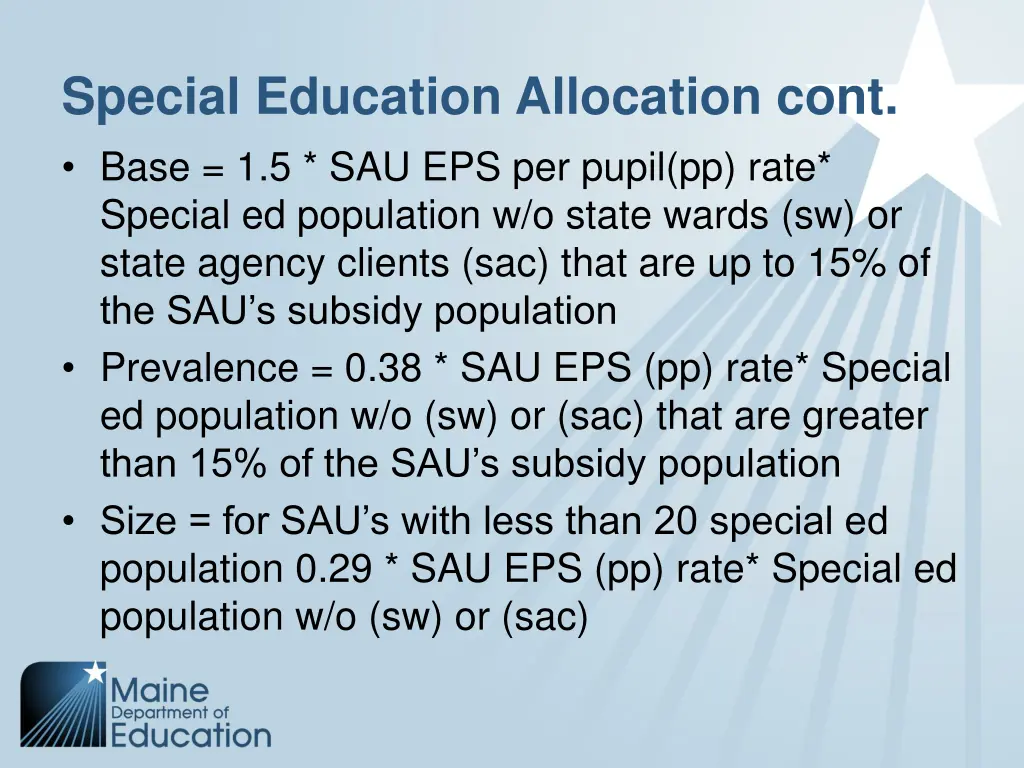 special education allocation cont base