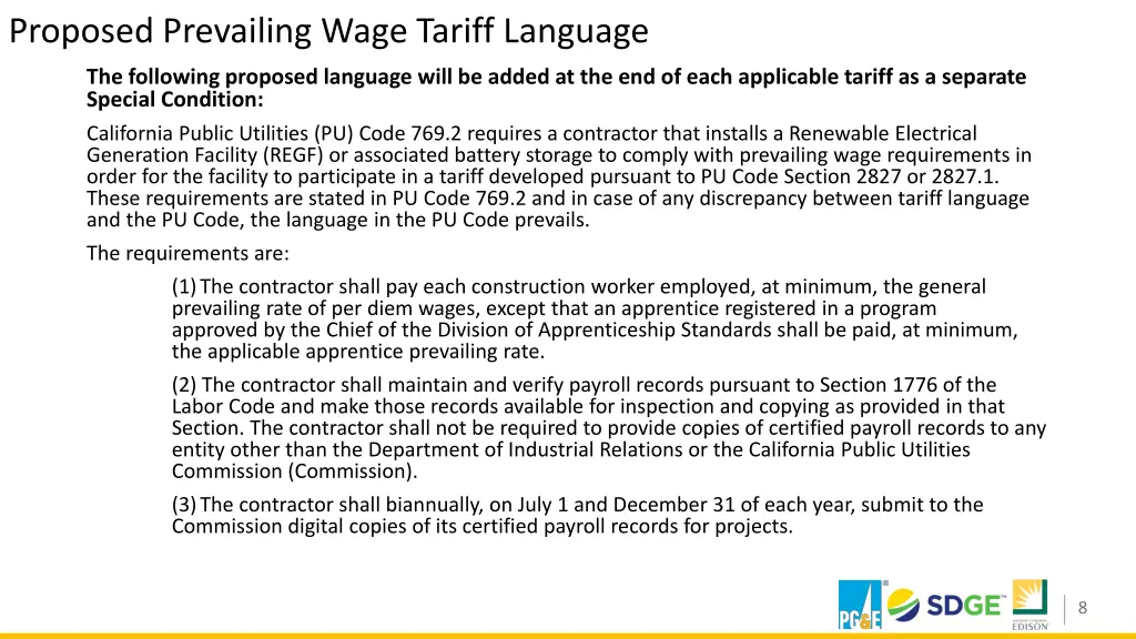 proposed prevailing wage tariff language