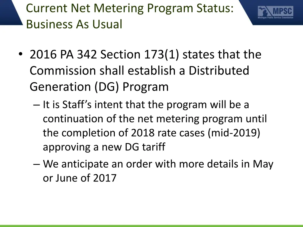 current net metering program status business