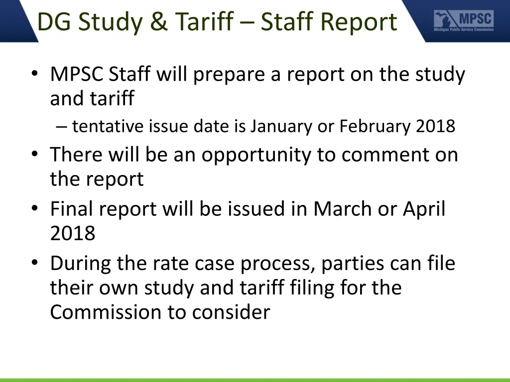 dg study tariff staff report