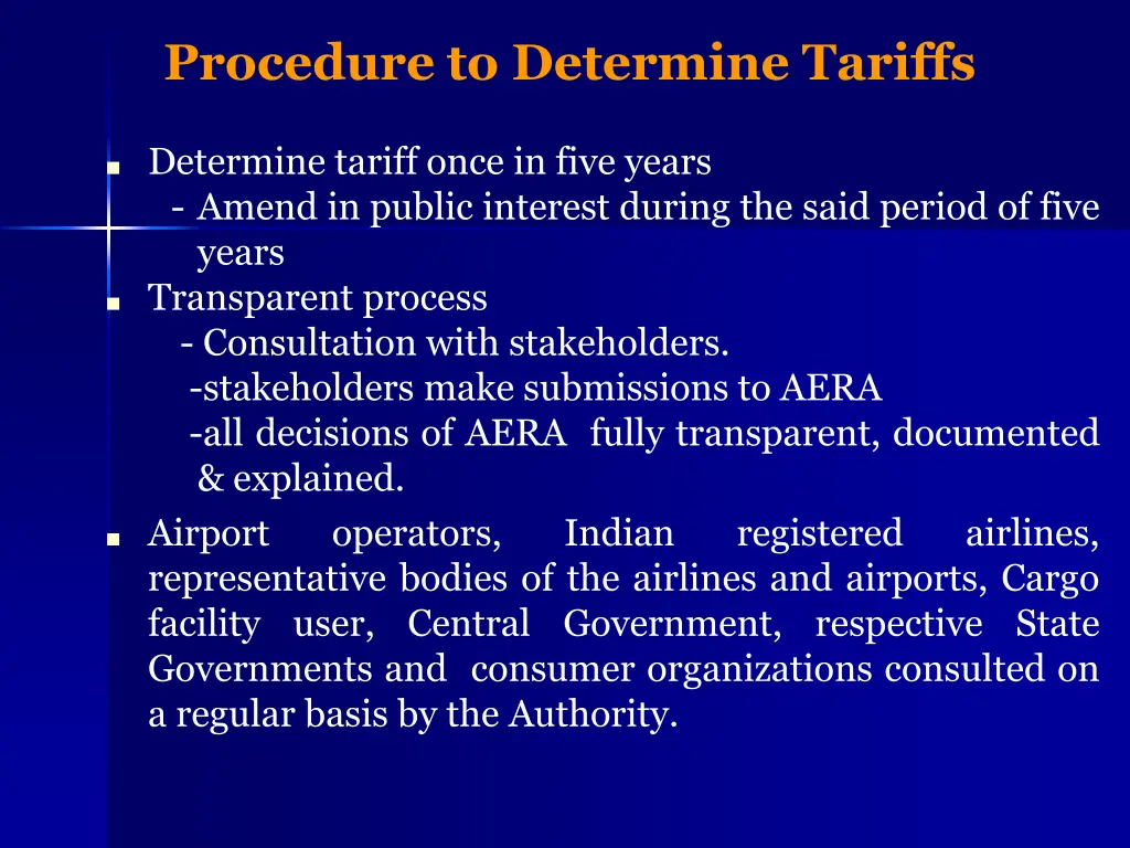 procedure to determine tariffs