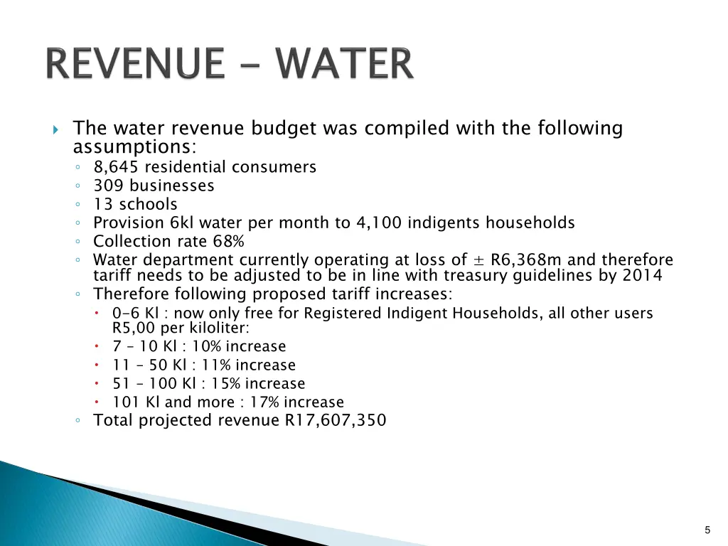 the water revenue budget was compiled with