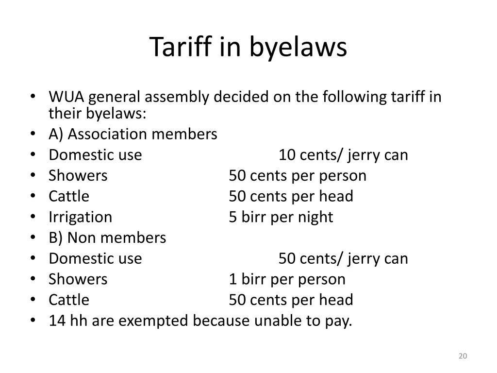 tariff in byelaws