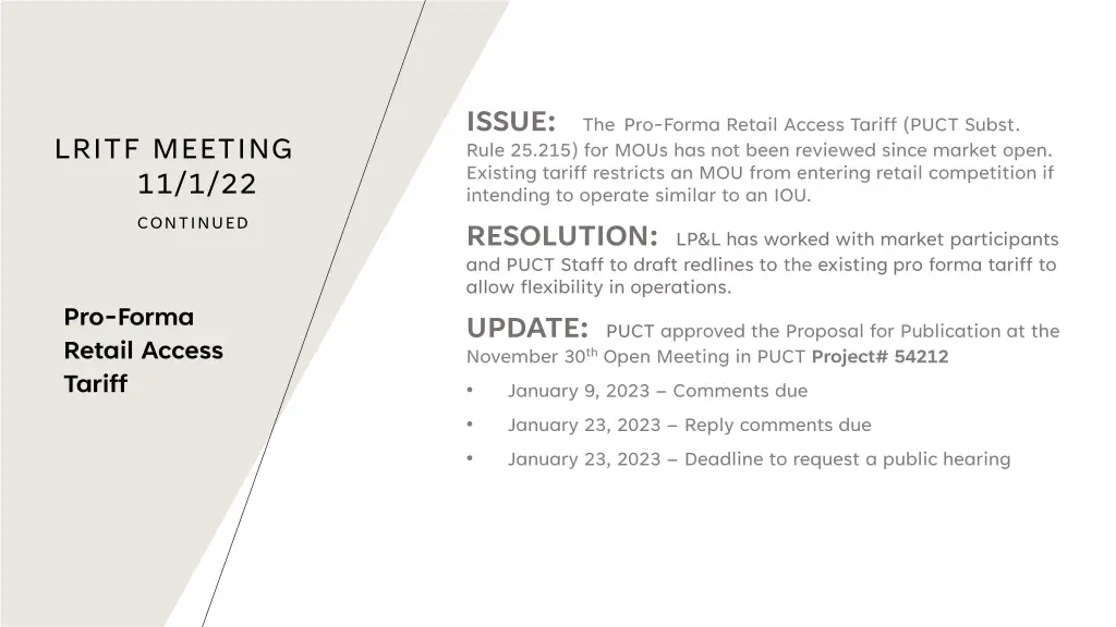 issue the pro forma retail access tariff puct