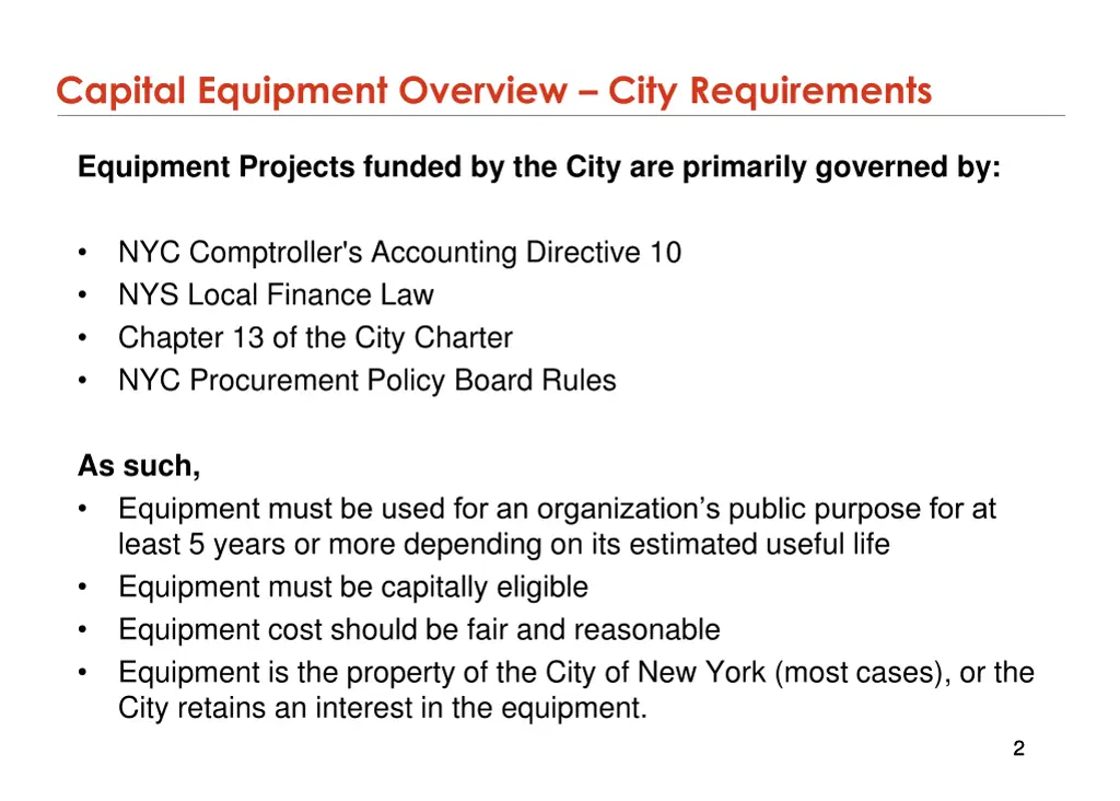 capital equipment overview city requirements