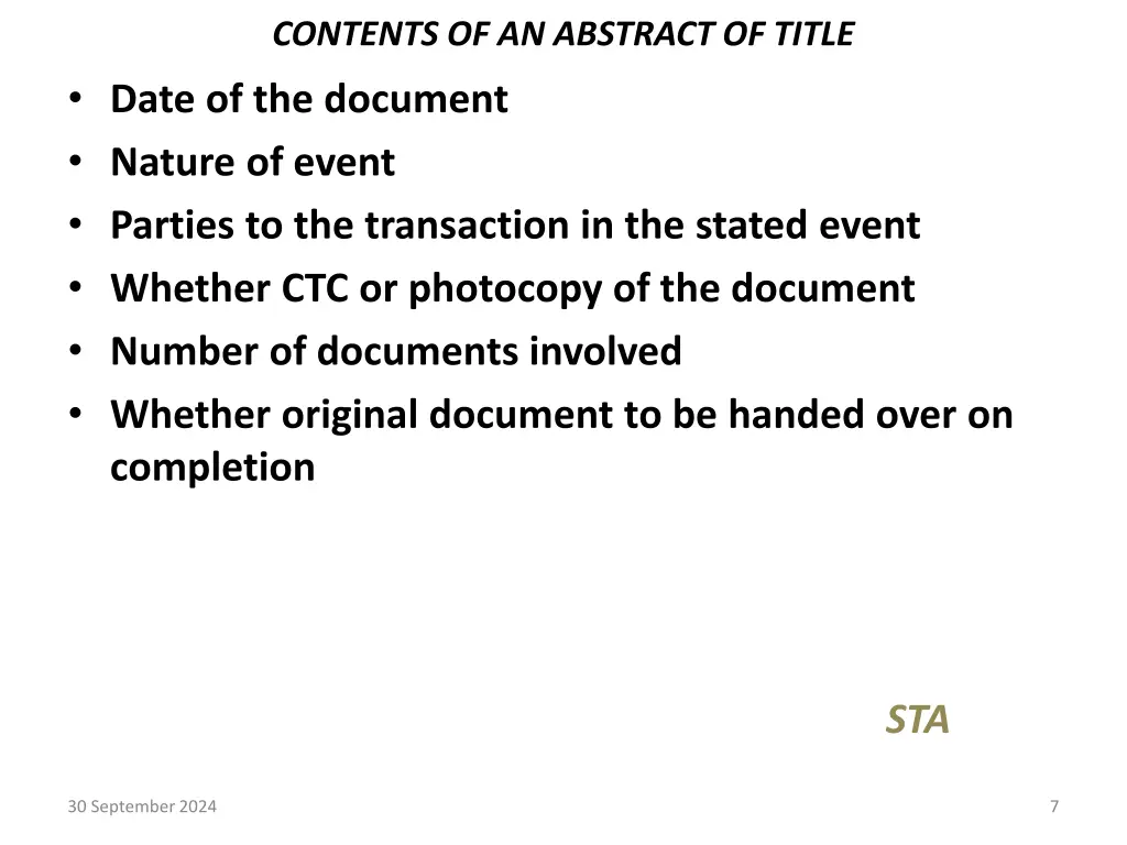 contents of an abstract of title date