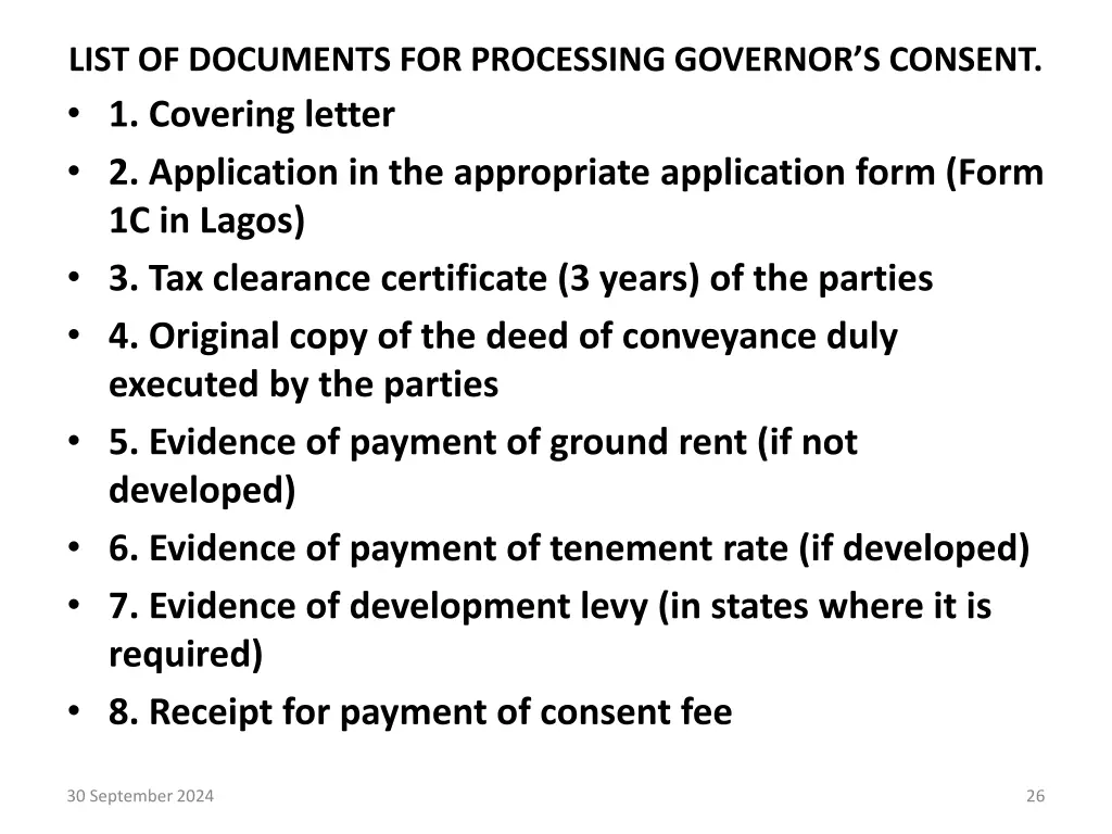 list of documents for processing governor