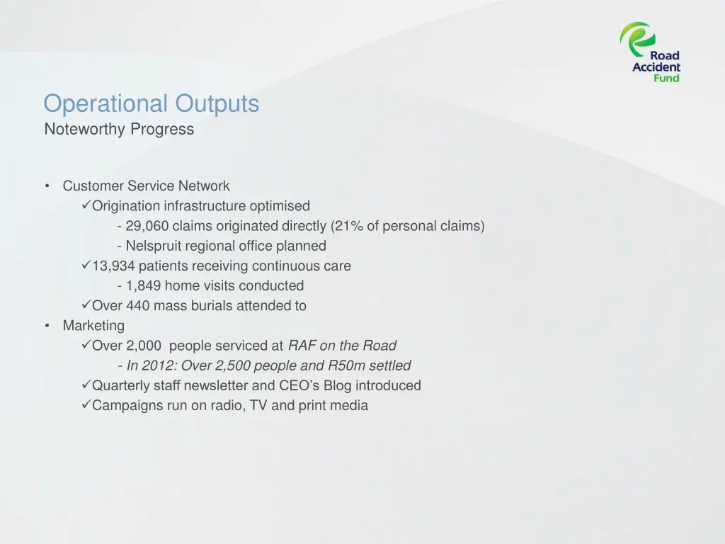 operational outputs noteworthy progress 2