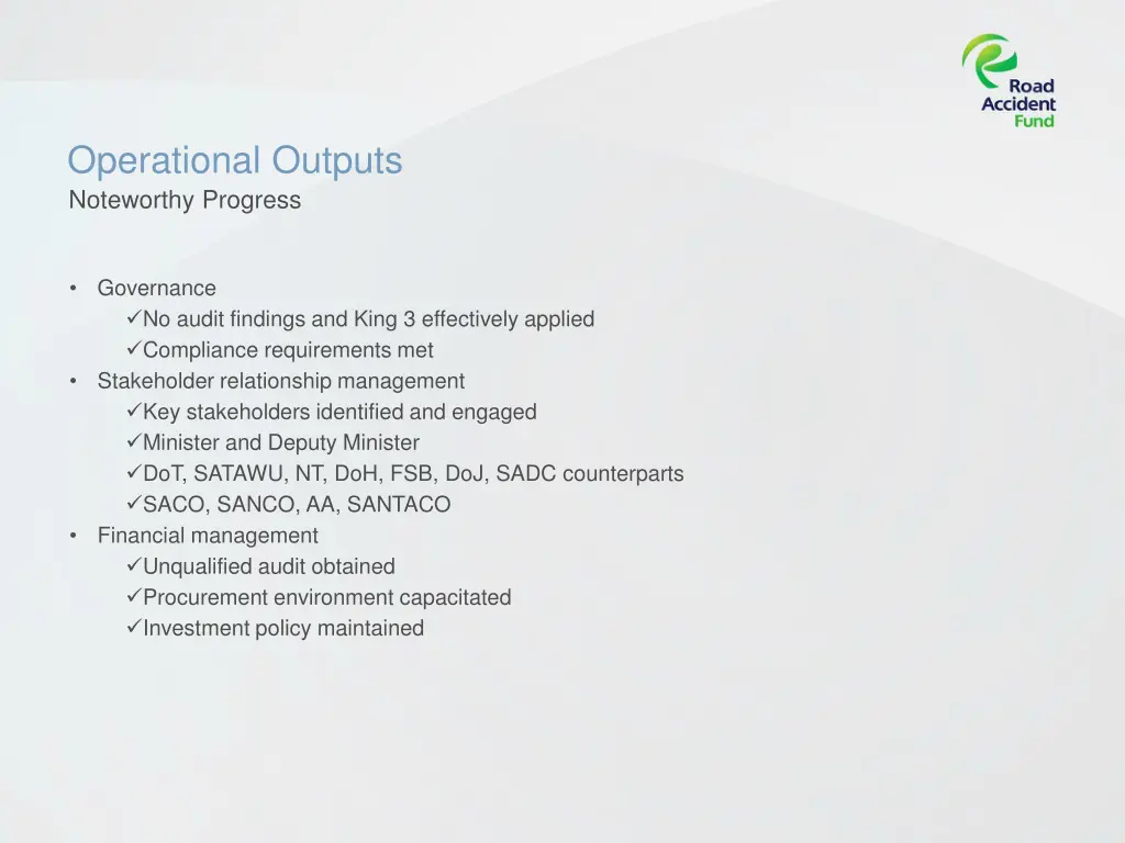 operational outputs noteworthy progress