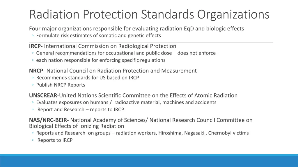 radiation protection standards organizations