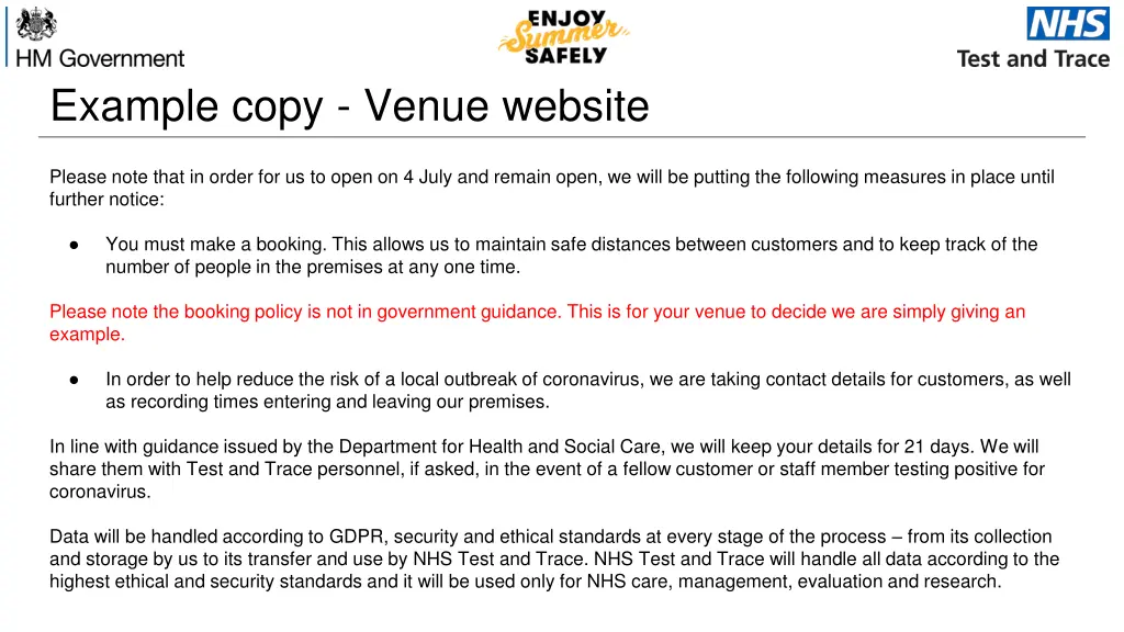 example copy venue website