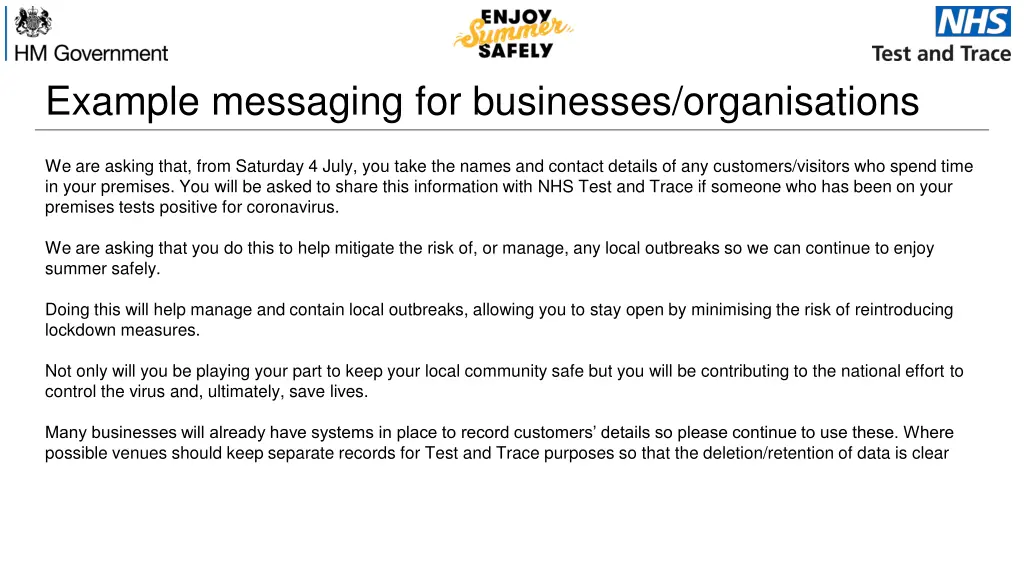 example messaging for businesses organisations