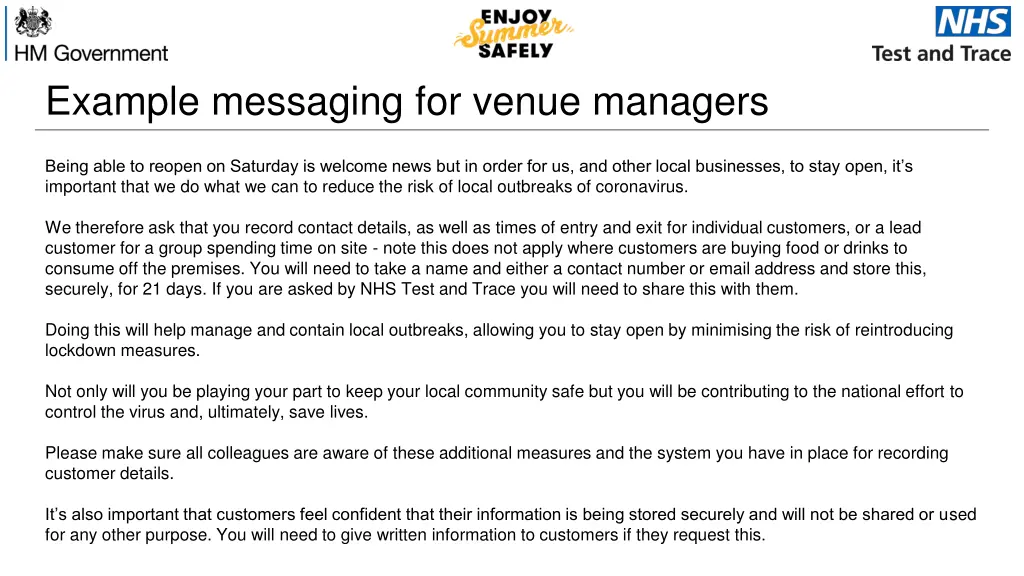 example messaging for venue managers