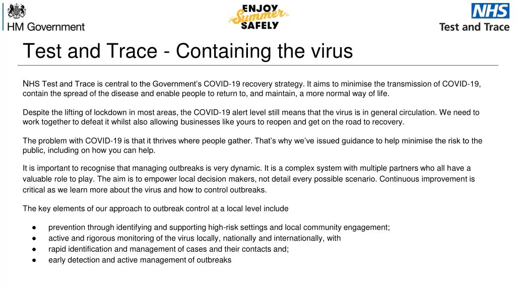 test and trace containing the virus