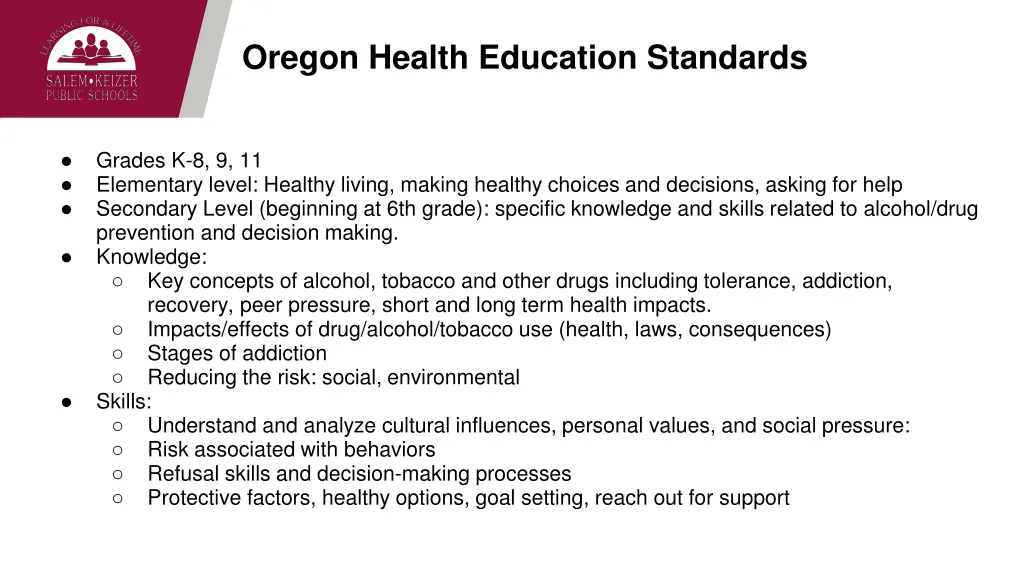 oregon health education standards