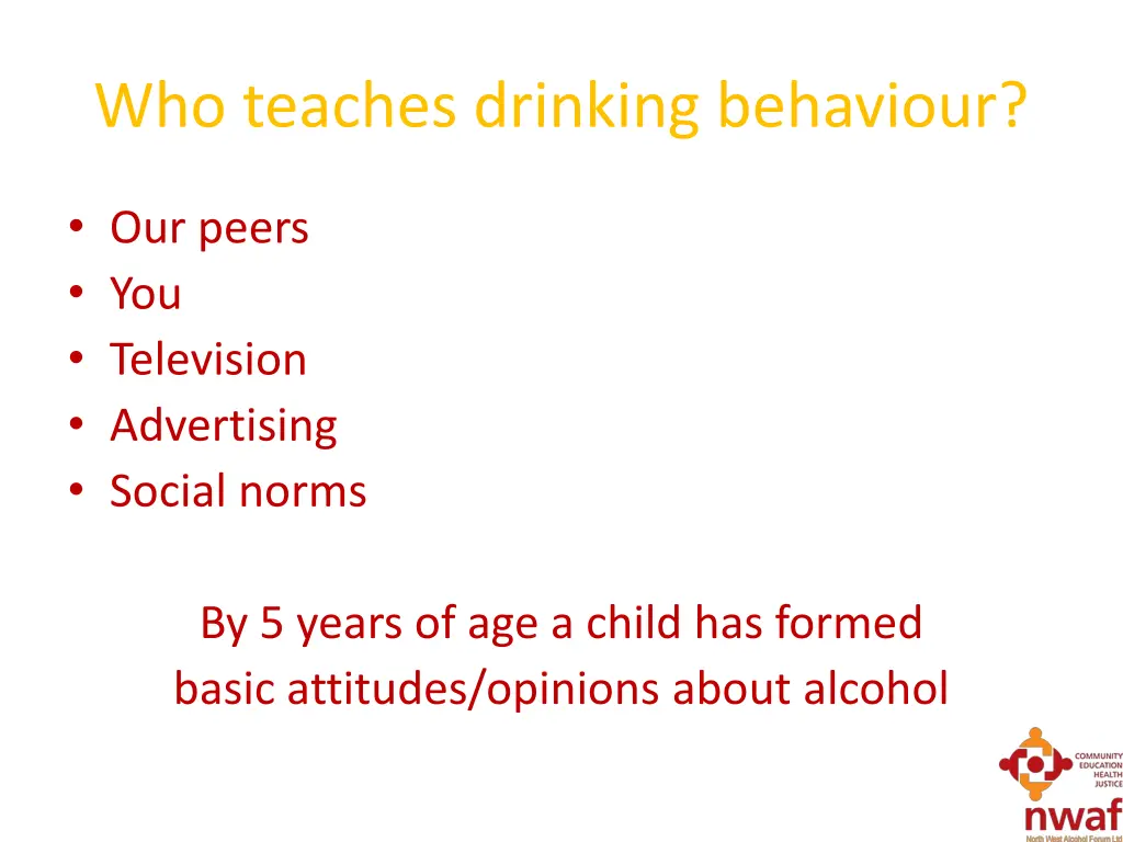 who teaches drinking behaviour