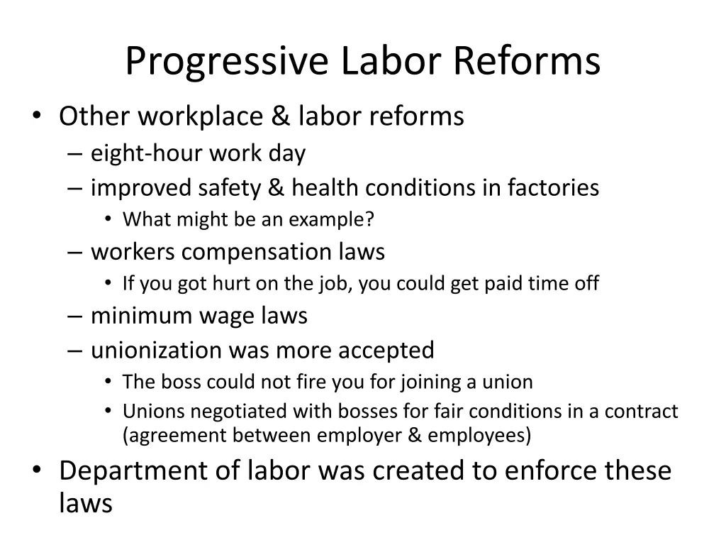 progressive labor reforms other workplace labor