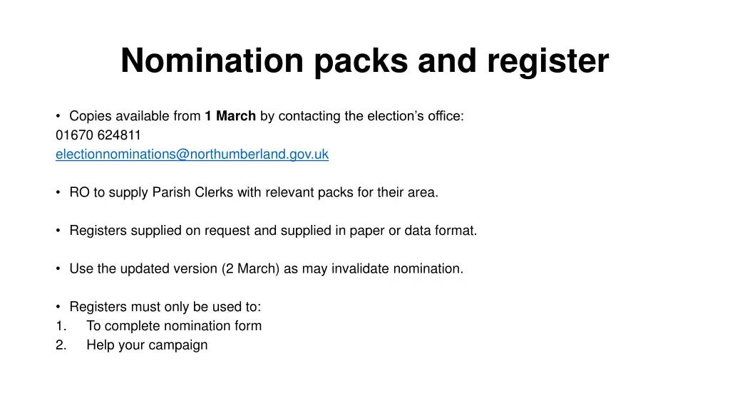 nomination packs and register