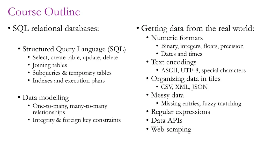 course outline sql relational databases