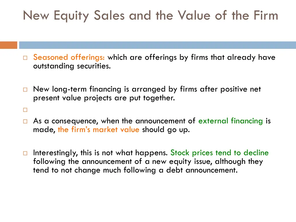 new equity sales and the value of the firm