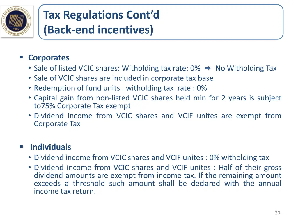 tax regulations cont d back end incentives