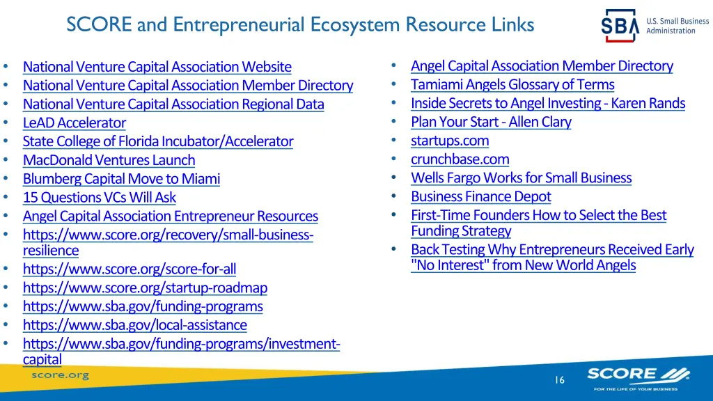 score and entrepreneurial ecosystem resource links