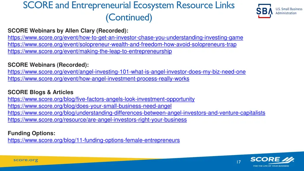 score and entrepreneurial ecosystem resource