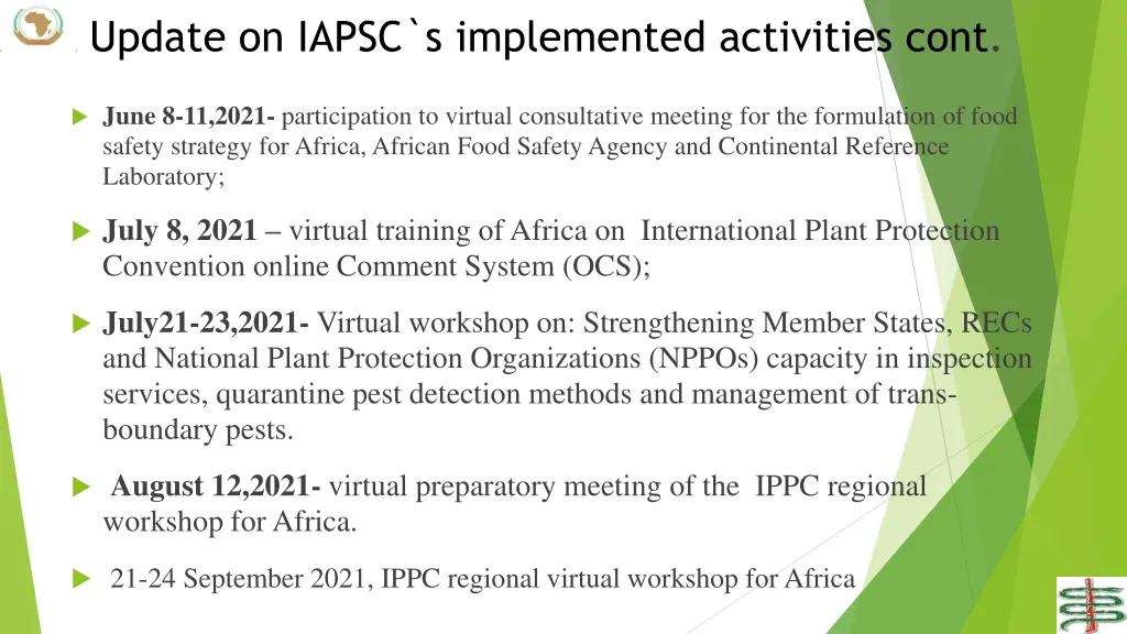 update on iapsc s implemented activities cont